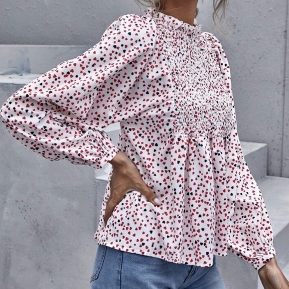 FLOATING ❤️HEARTS FRILL NECK  BABYDOLL BLOUSE - Picture 2 of 8